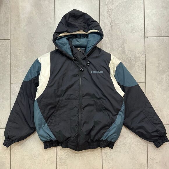 Vintage 90s Head Puffer Jacket Mens Size L Black Long Sleeve Hooded Nylon Adult